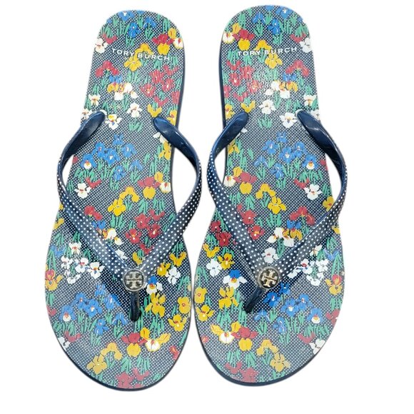 Tory Burch Iris Floral and Checked Garden Print Flip Flop Sandal EUC - Picture 1 of 12